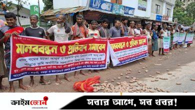 নওগাঁয় সড়কে আলু ফেলে মানববন্ধন