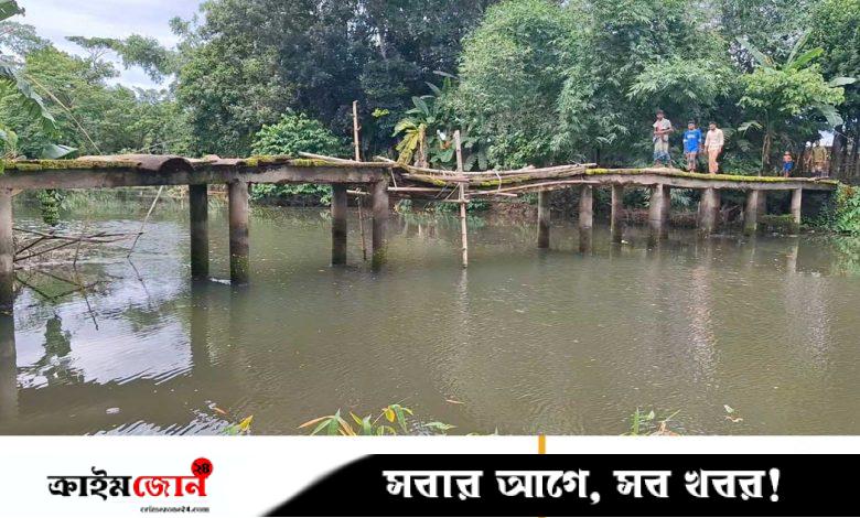 বাঁশ-কাঠে জোড়াতালি দেওয়া সেতু, ঝুঁকি নিয়ে পারাপার